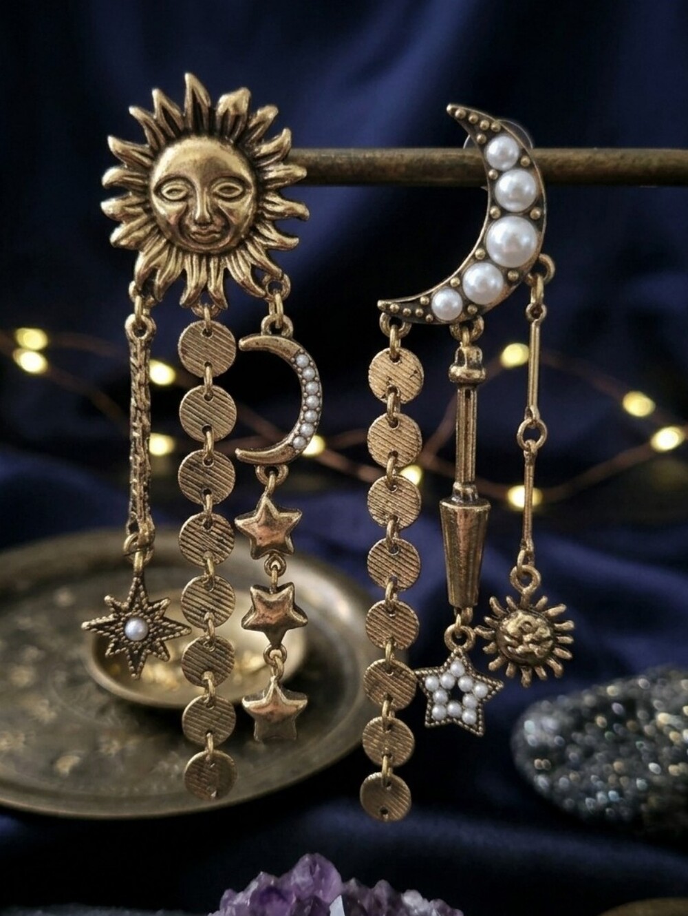 Asymmetric Celestial Sun Moon Dangle Earrings Antique Gold Resin Witchy 3.7in